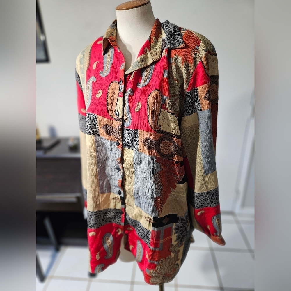 80s EHL Boho Button Up with Shoulder Pads! Size 16